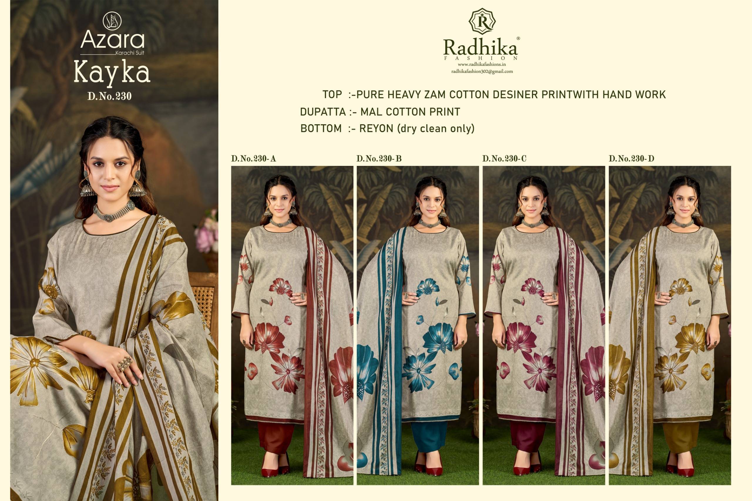 KAYKA by Azara 230-A To 230-D Series Stylish Beautiful Colourful Printed Pure Cotton Dresses At Wholesale Price